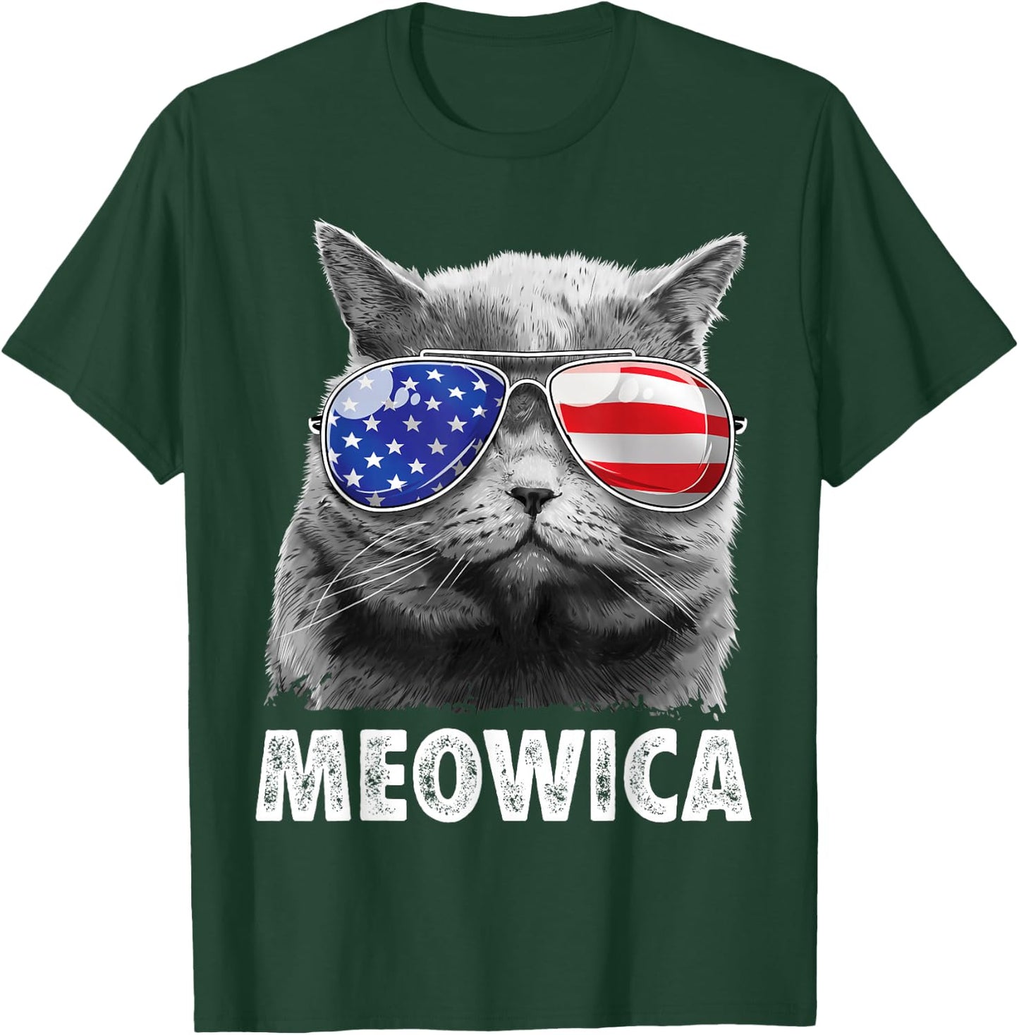 Meowica Cat 4th of July Merica Men Women USA American Flag T-Shirt - T-Shirt | Forest