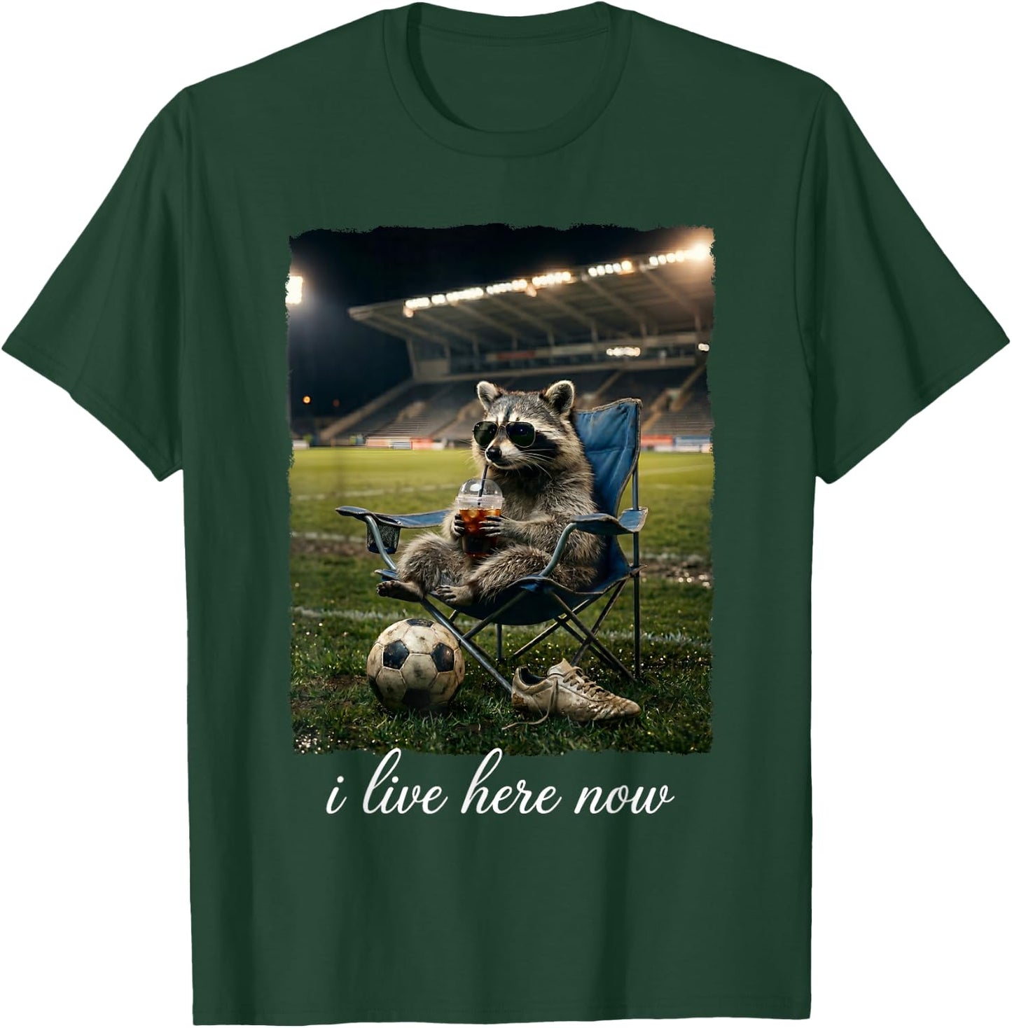 I Live Here Now Soccer Funny Raccoon Iced Coffee T-Shirt - T-Shirt | Forest