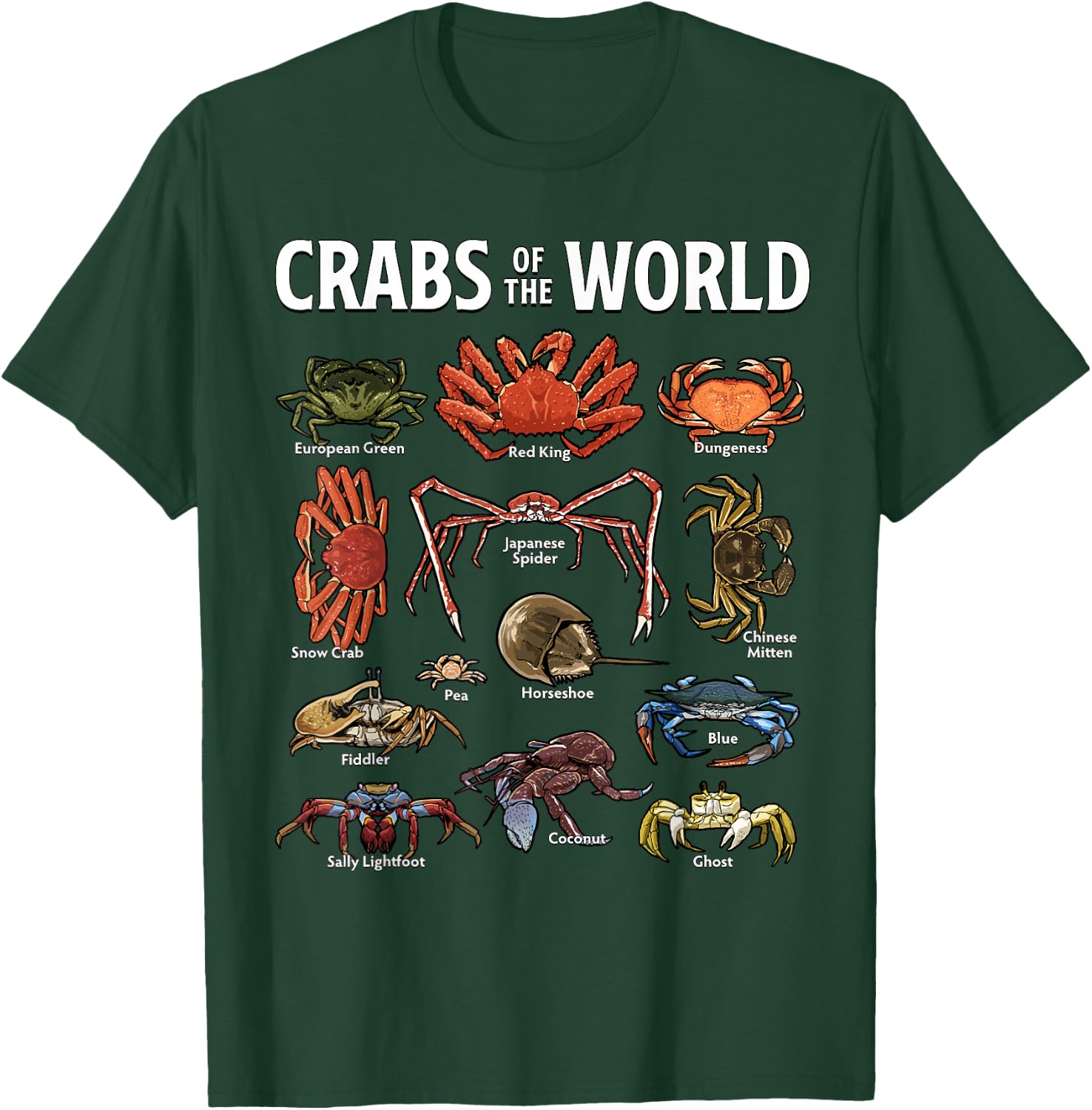 Crabs of the World Marine Life Crabs Illustration T-Shirt - T-Shirt | Forest