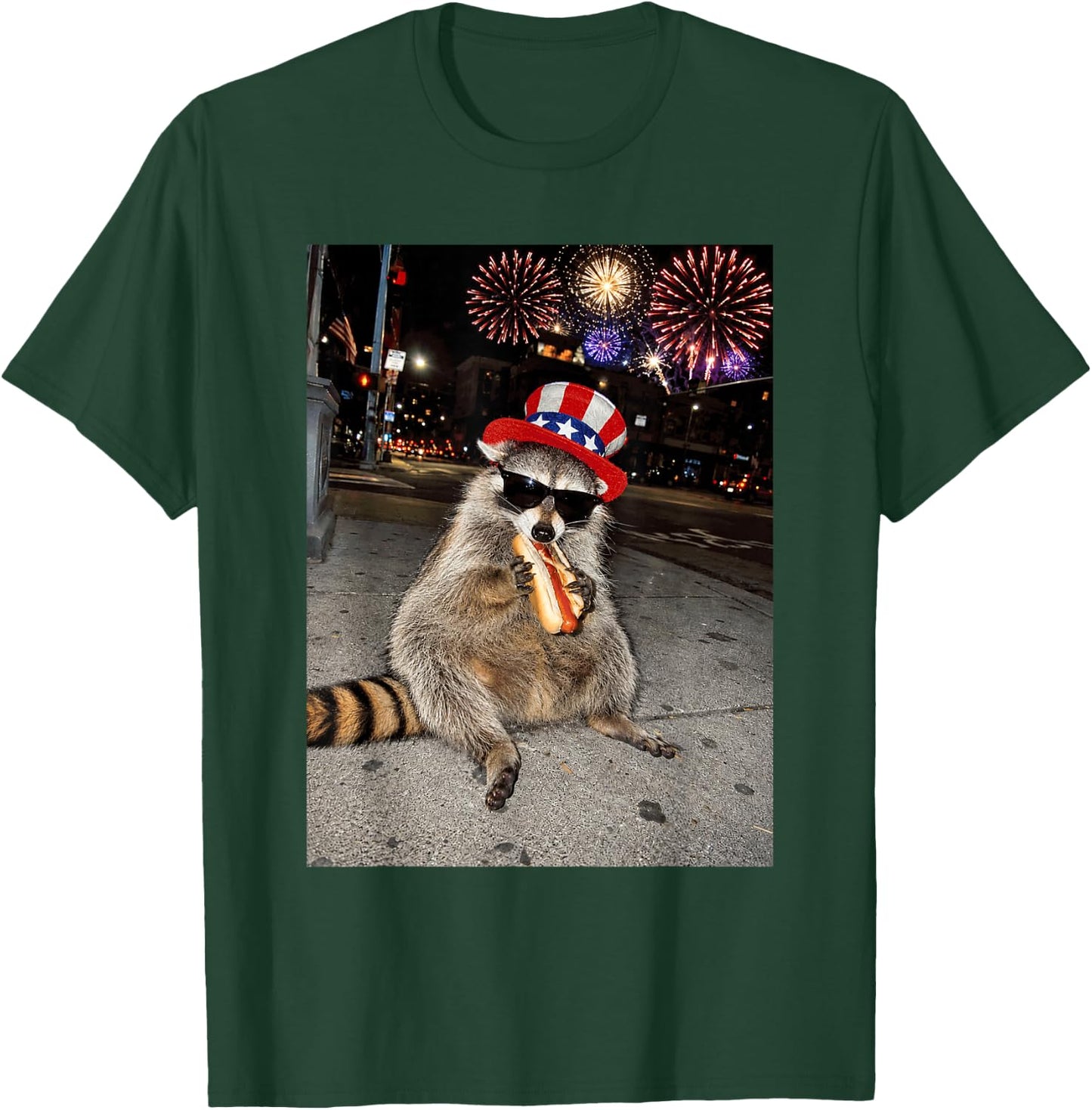 Funny Raccoon Eating Hot Dog 4th of July Men Women Kids T-Shirt - T-Shirt | Forest