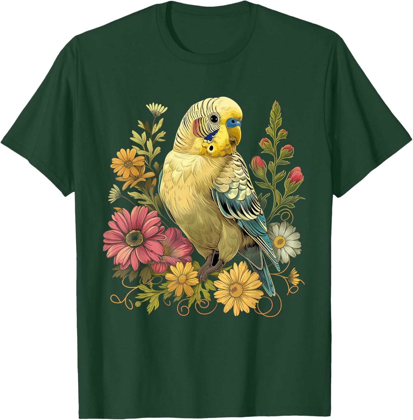 Budgie Parakeet Bird Mom Budgerigar Parrot Vintage Flower T-Shirt - T-Shirt | Forest