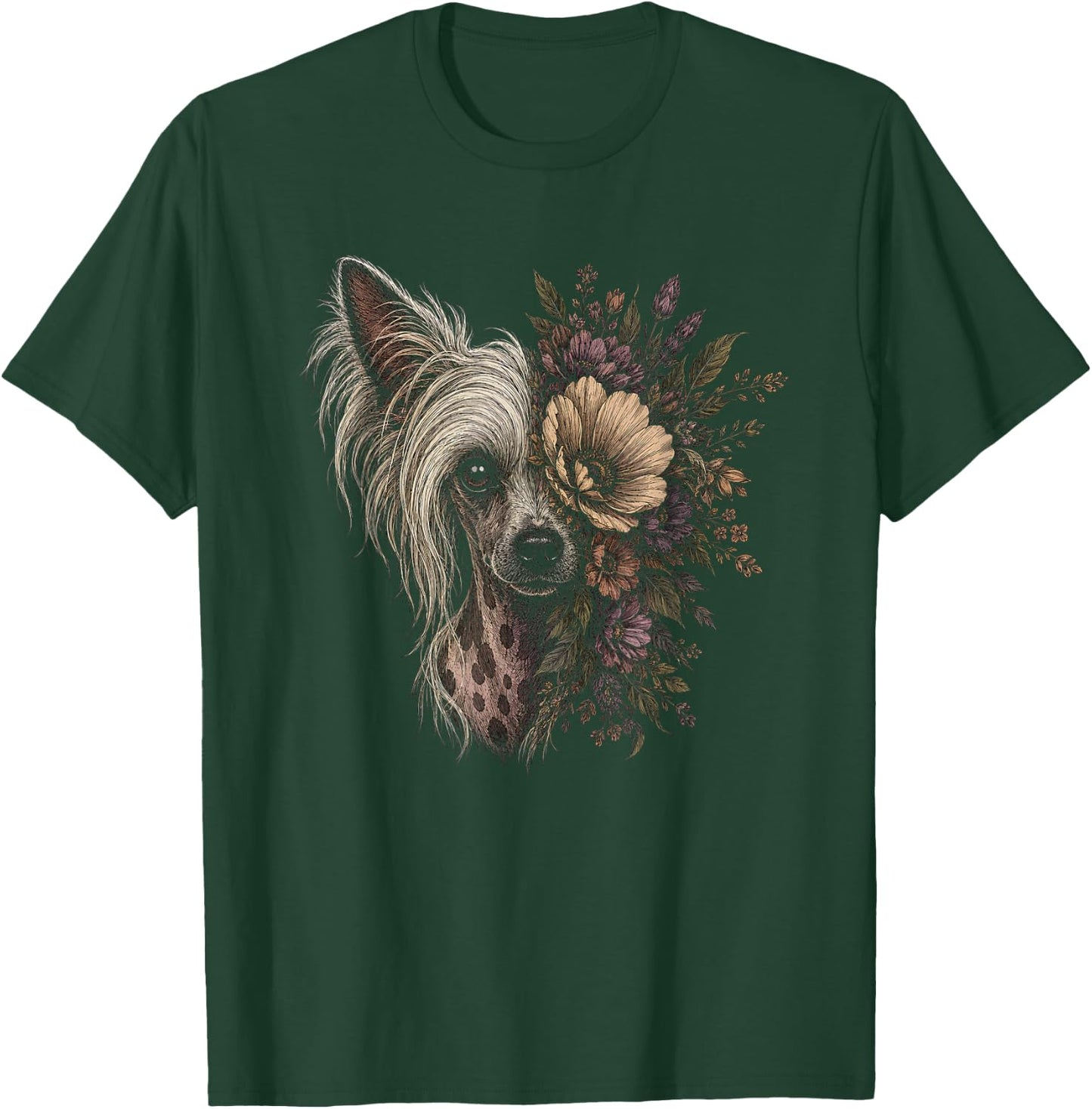Floral Chinese Crested Dog Artwork Design T-Shirt - T-Shirt | Forest