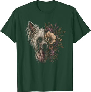 Floral Chinese Crested Dog Artwork Design T-Shirt - T-Shirt | Forest