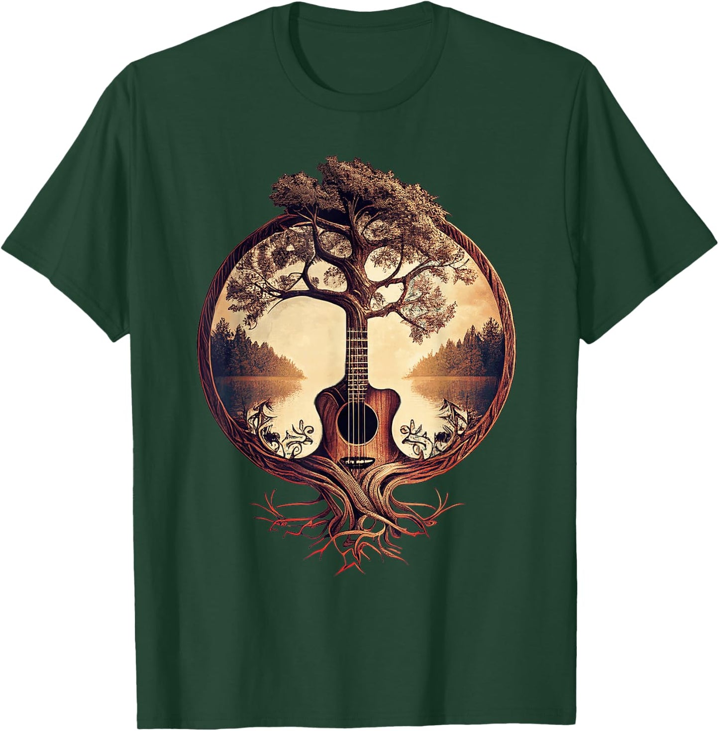 Acoustic Guitar Tree at the Edge of the Lake for Guitarist , Black, S T-Shirt - T-Shirt | Forest
