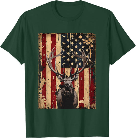 American Flag Outdoor Antlers Elk Deer T-Shirt - T-Shirt | Forest