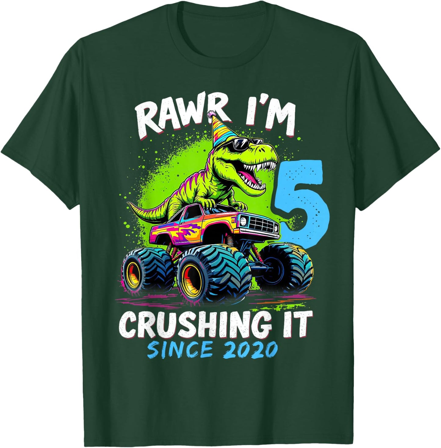 5th Birthday Monster Truck Dinosaur Party Boys Rawr I'm 5 T-Shirt - T-Shirt | Forest