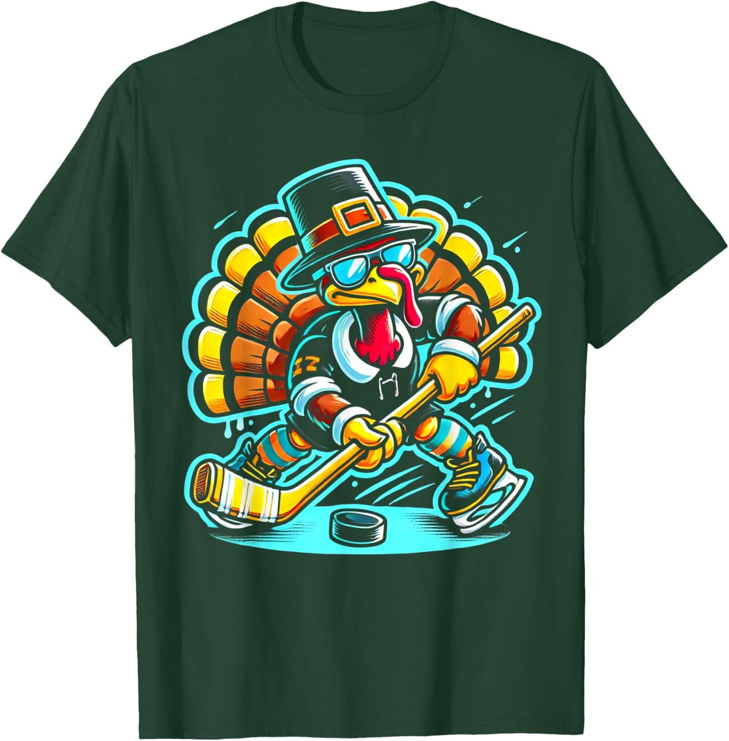 Thanksgiving Ice Hockey Turkey Day Fall T-Shirt - T-Shirt | Forest