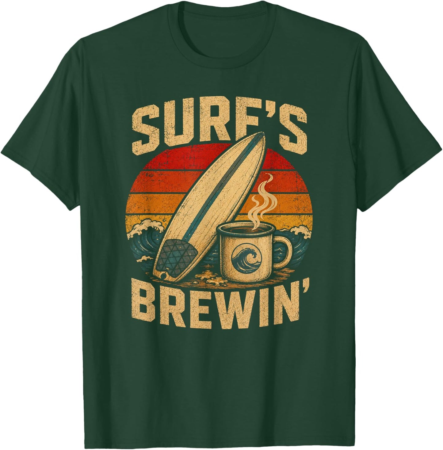 Surfboard Coffee Retro Beach Wave Vintage Sunset T-Shirt - T-Shirt | Forest