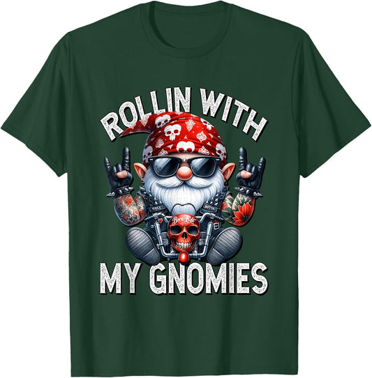 Funny Motorcycle Gnome For Biker Dad Rollin With My Gnomies T-Shirt - T-Shirt | Forest