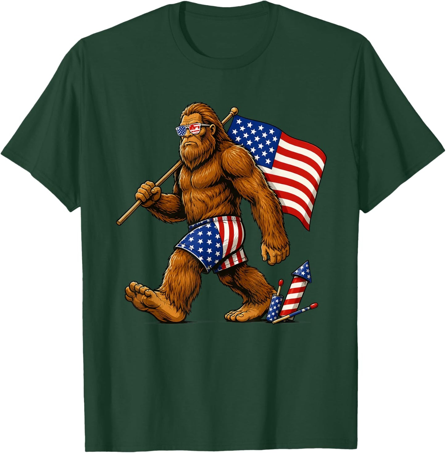 Bigfoot Sasquatch American Flag Fireworks Patriotic T-Shirt - T-Shirt | Forest