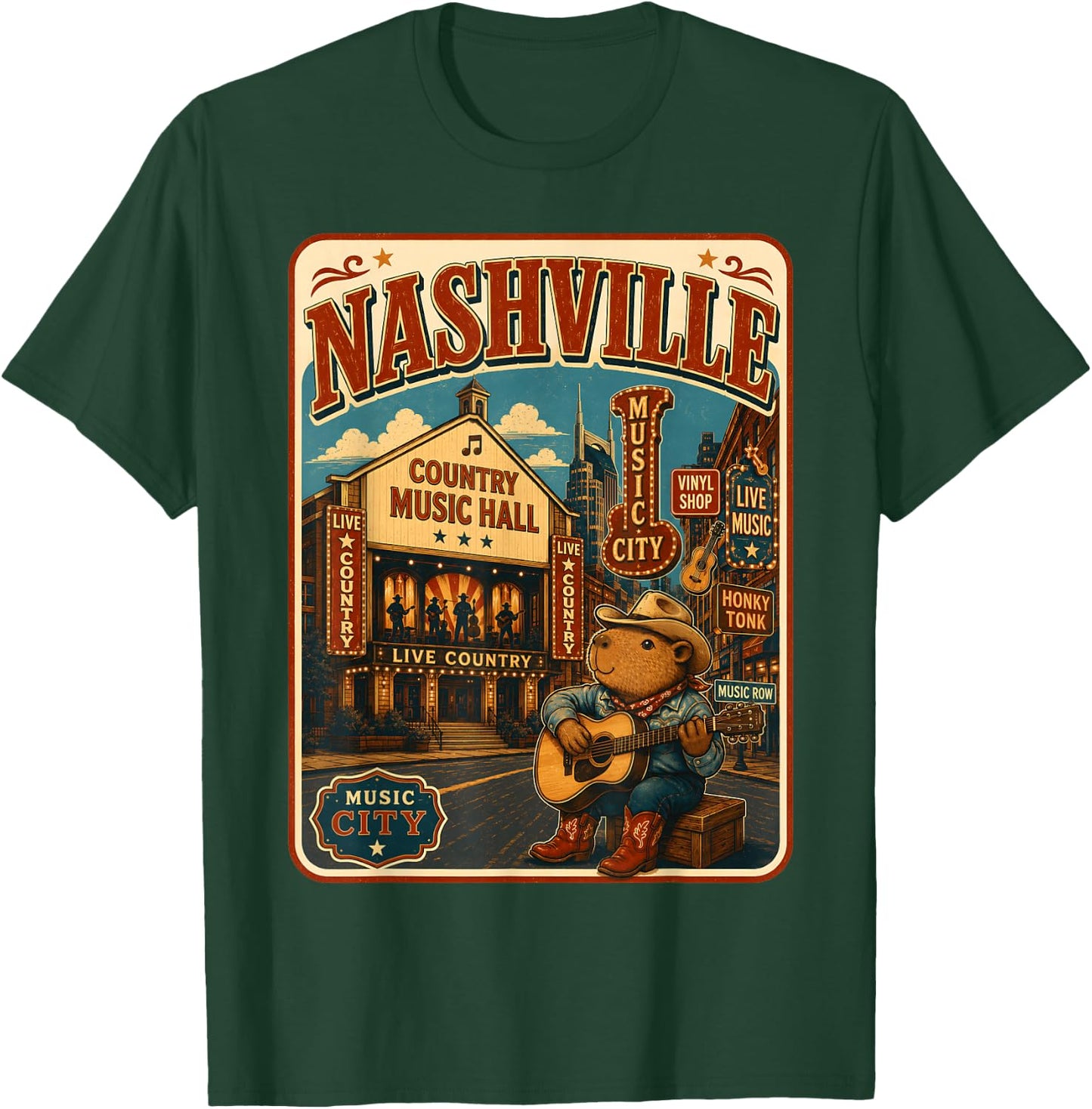 Nashville Capybara Travel Postcard Country Guitar T-Shirt - T-Shirt | Forest