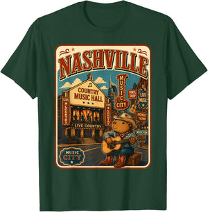 Nashville Capybara Travel Postcard Country Guitar T-Shirt - T-Shirt | Forest