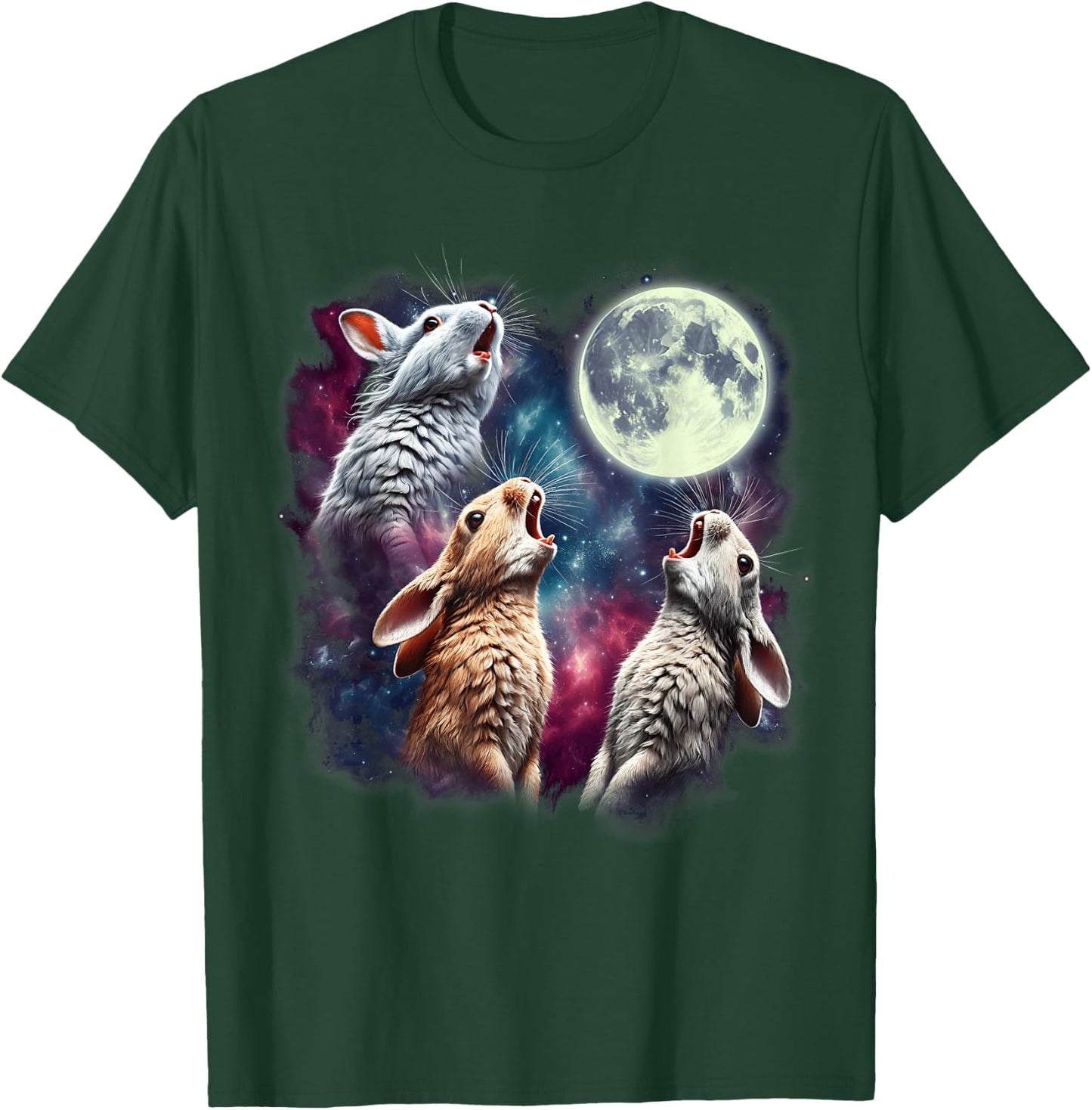 Three Rabbits Howling at Moon Funny Bunny Weird Cursed Meme T-Shirt - T-Shirt | Forest