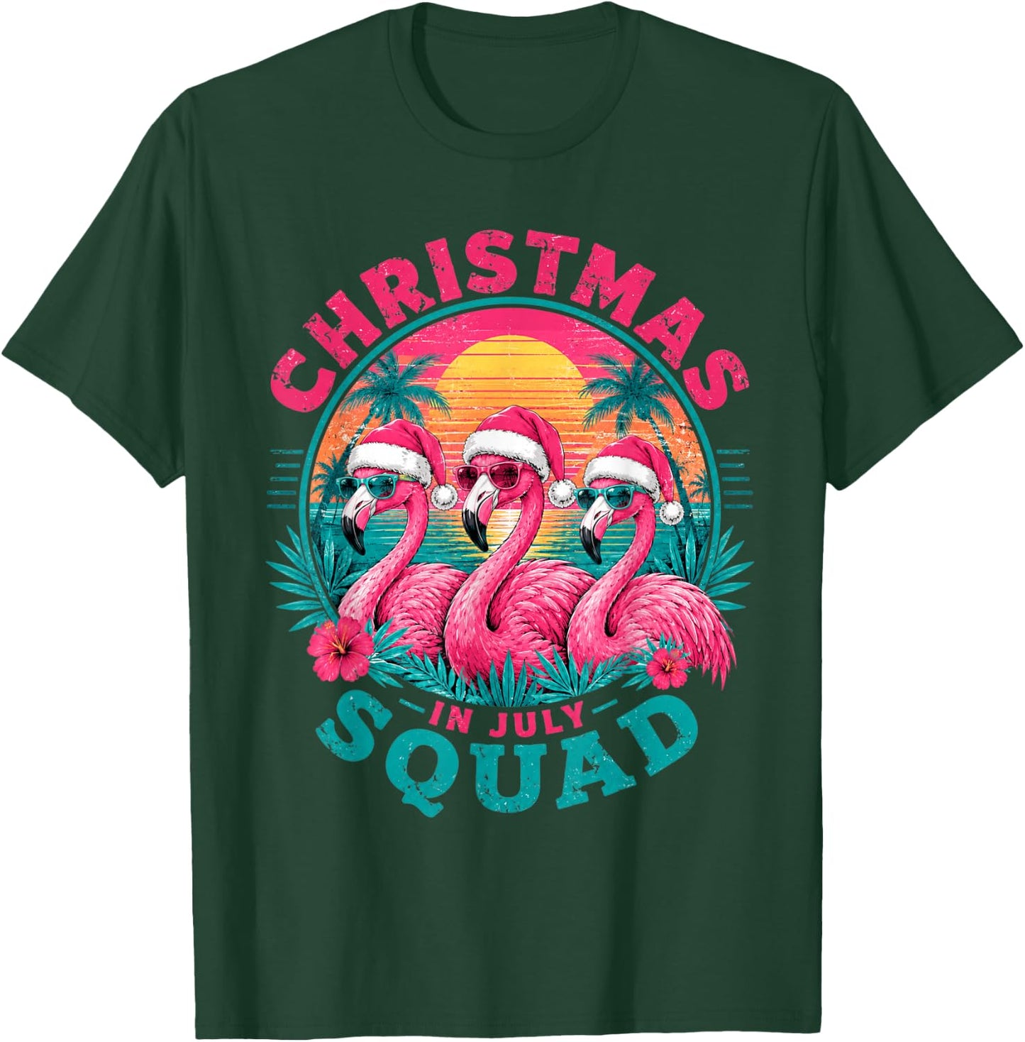 Christmas in July Flamingo Squad Beach Sunset T-Shirt - T-Shirt | Forest