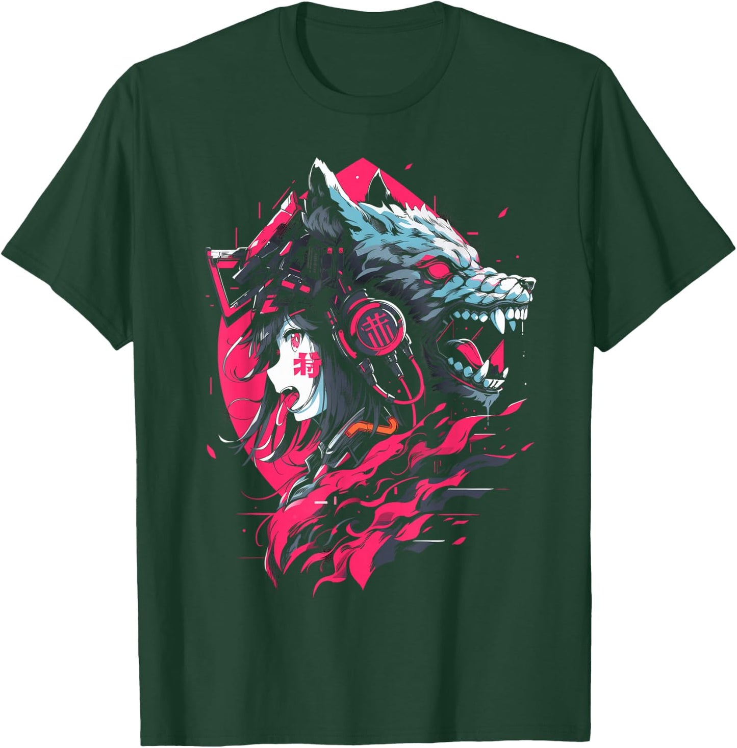 Anime Manga Cyberpunk Aesthetic Techwear Harajuku Wolf , black T-Shirt - T-Shirt | Forest