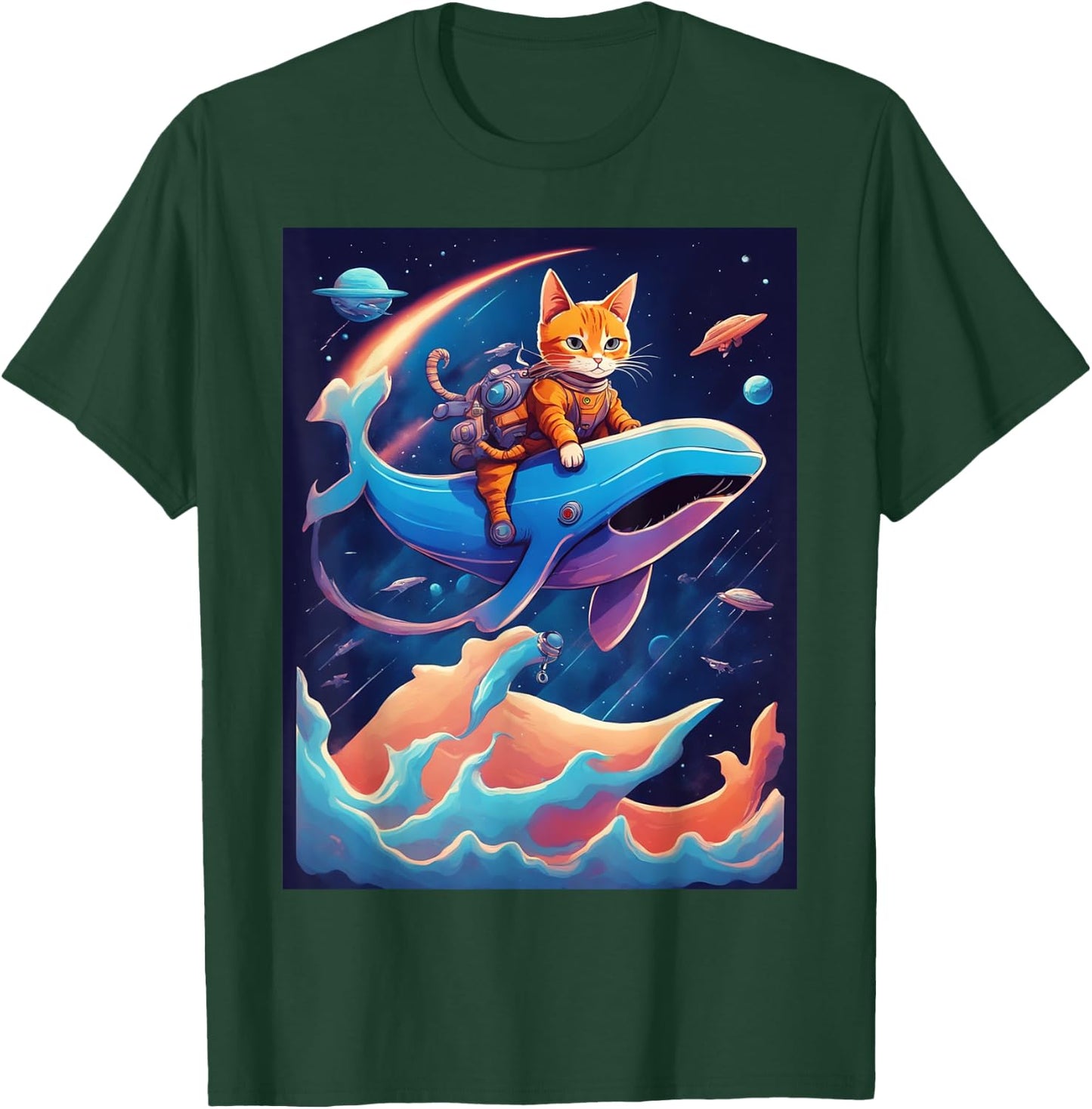 Cat Riding a Whale Fantasy Scene T-Shirt - T-Shirt | Forest