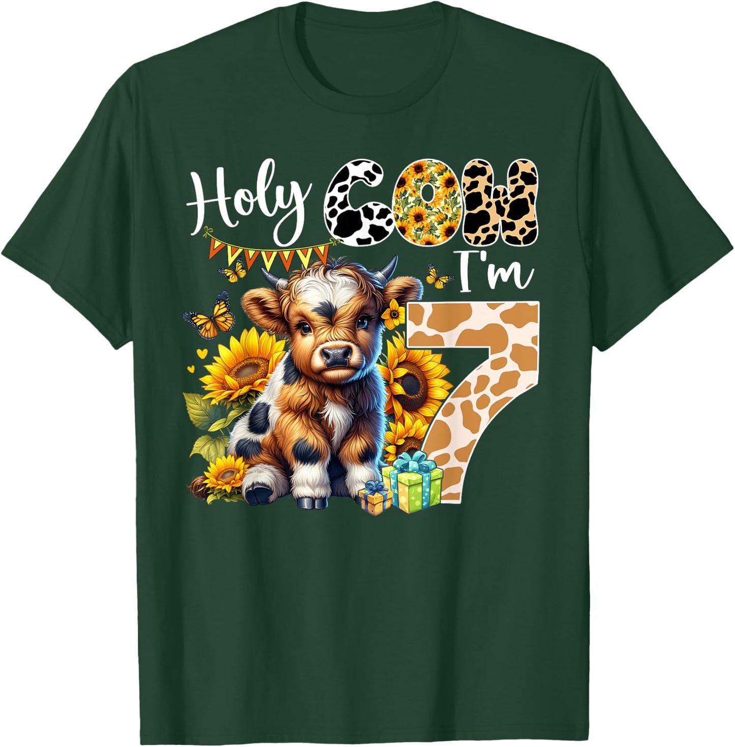 Holy Cow I’m 7 Years Old Dairy Cow Sunflowers 7th Birthday T-Shirt - T-Shirt | Forest