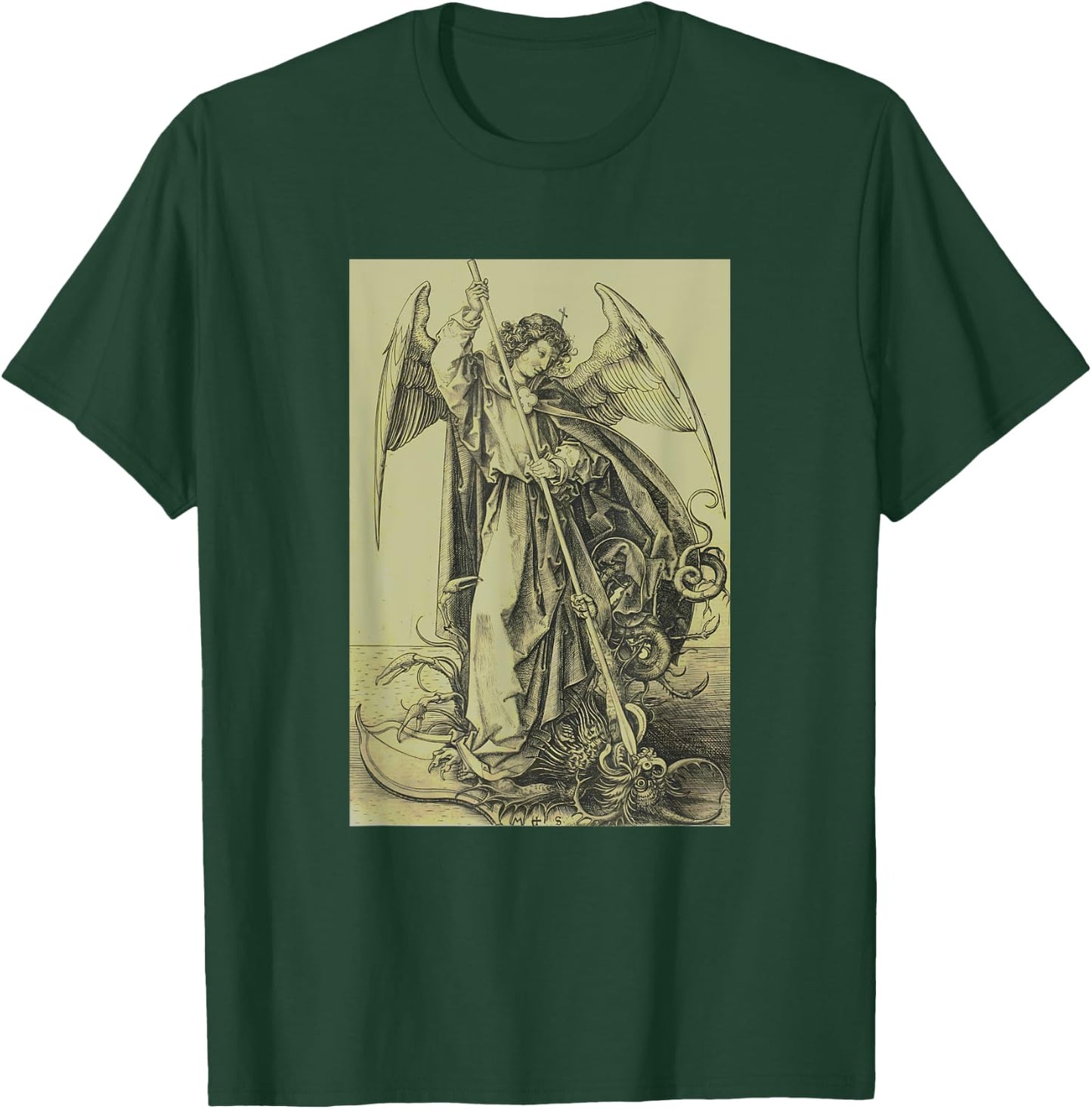 Archangel Michael Piercing Dragon Satan Martin Schongauer T-Shirt - T-Shirt | Forest