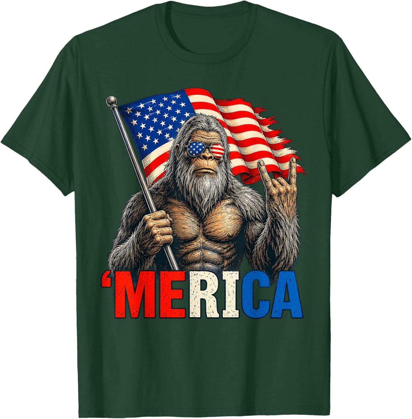 Bigfoot Merica Rock American Flag Patriotic 4th of July T-Shirt - T-Shirt | Forest