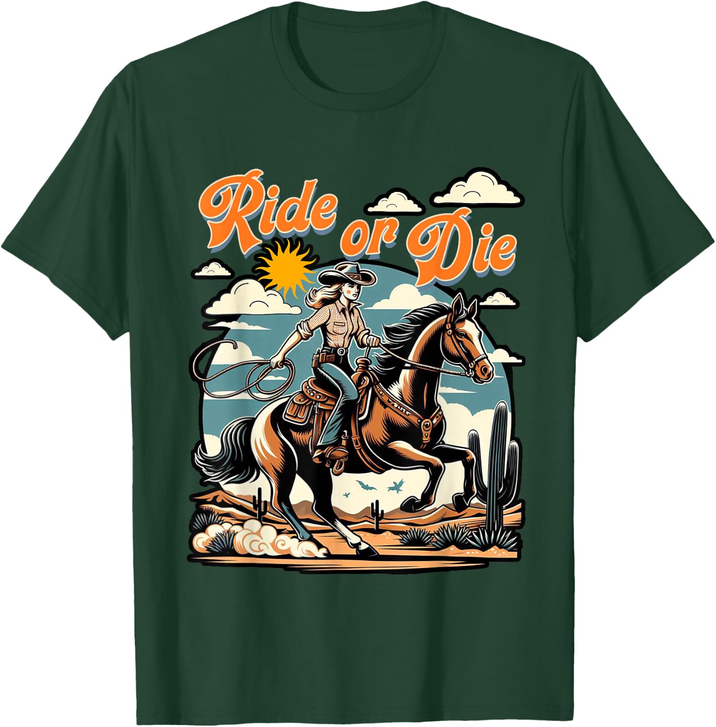 Vintage 1950s Cowgirl Horse Ride Or Die Country Western Life T-Shirt - T-Shirt | Forest