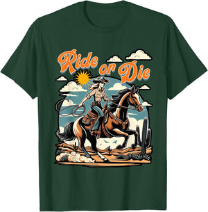 Vintage 1950s Cowgirl Horse Ride Or Die Country Western Life T-Shirt - T-Shirt | Forest