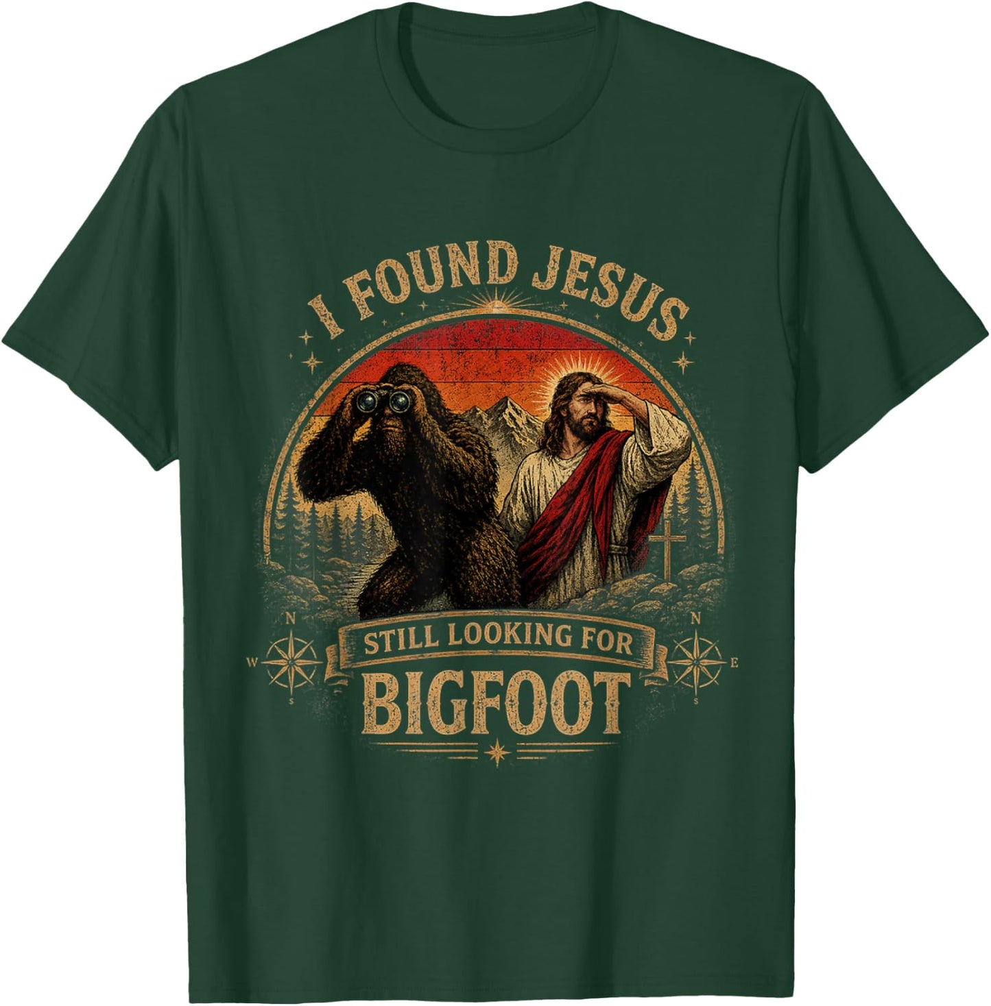 I Found Jesus Still Looking for Bigfoot Retro Vintage T-Shirt - T-Shirt | Forest