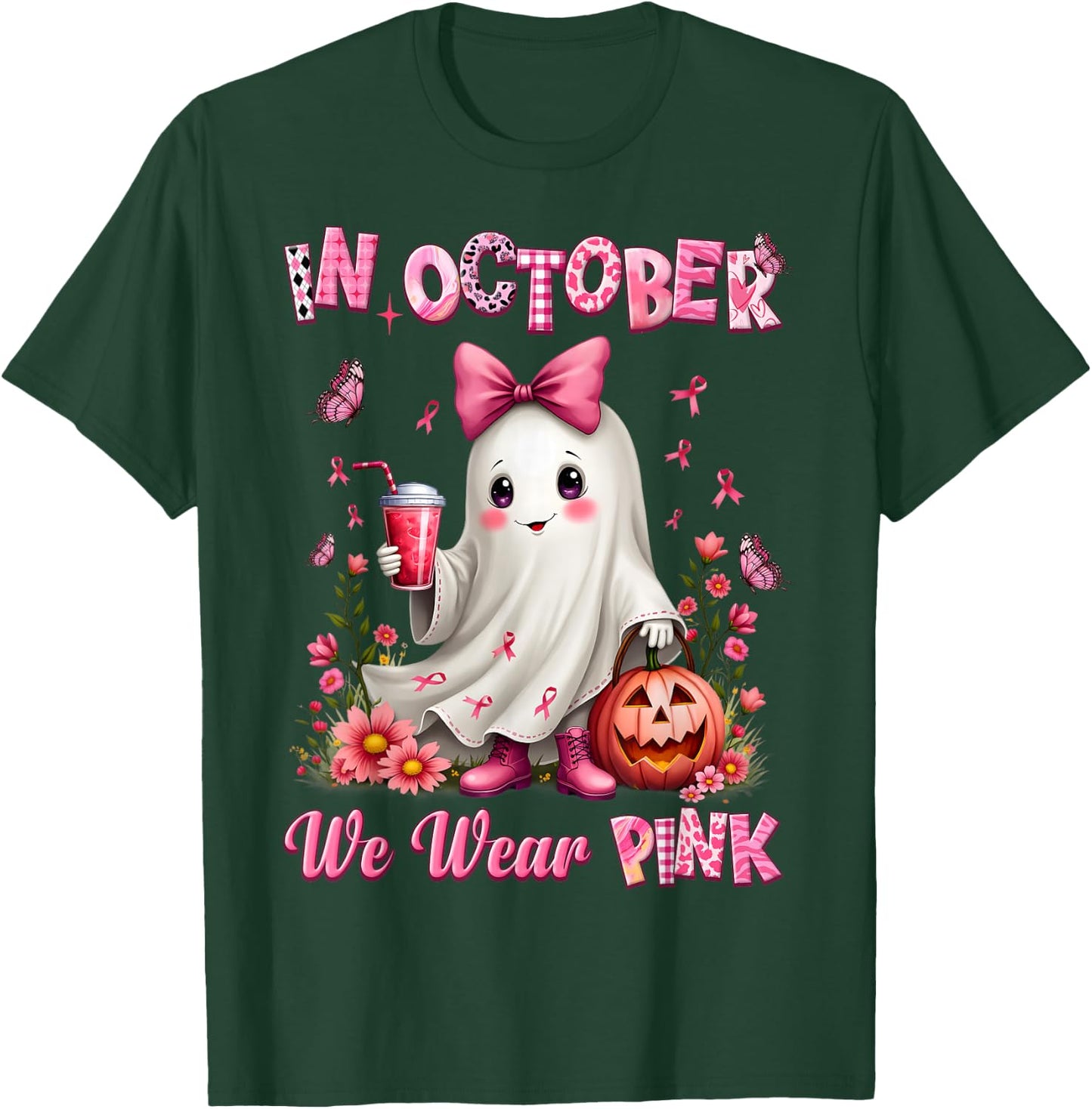In October We Wear Pink Ghost Breast Cancer Awareness T-Shirt - T-Shirt | Forest