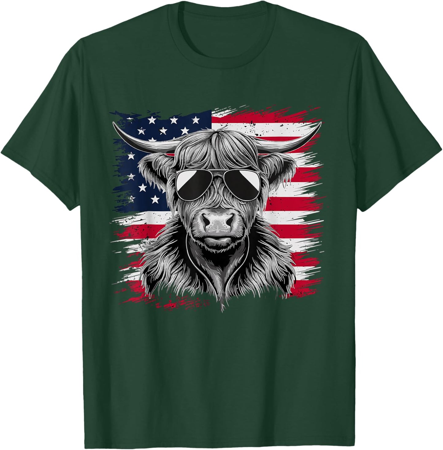 American Flag Highland Cow of July Cow Lover T-Shirt - T-Shirt | Forest