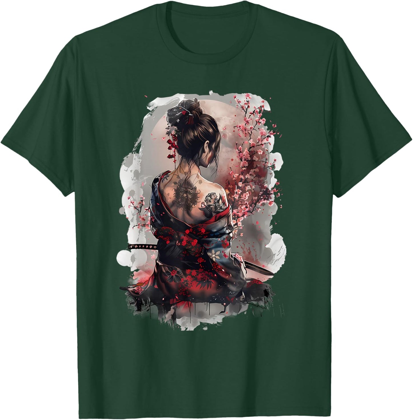Japanese Samurai Girl Sakura Cherry Blossom Japanese Geisha , black T-Shirt - T-Shirt | Forest