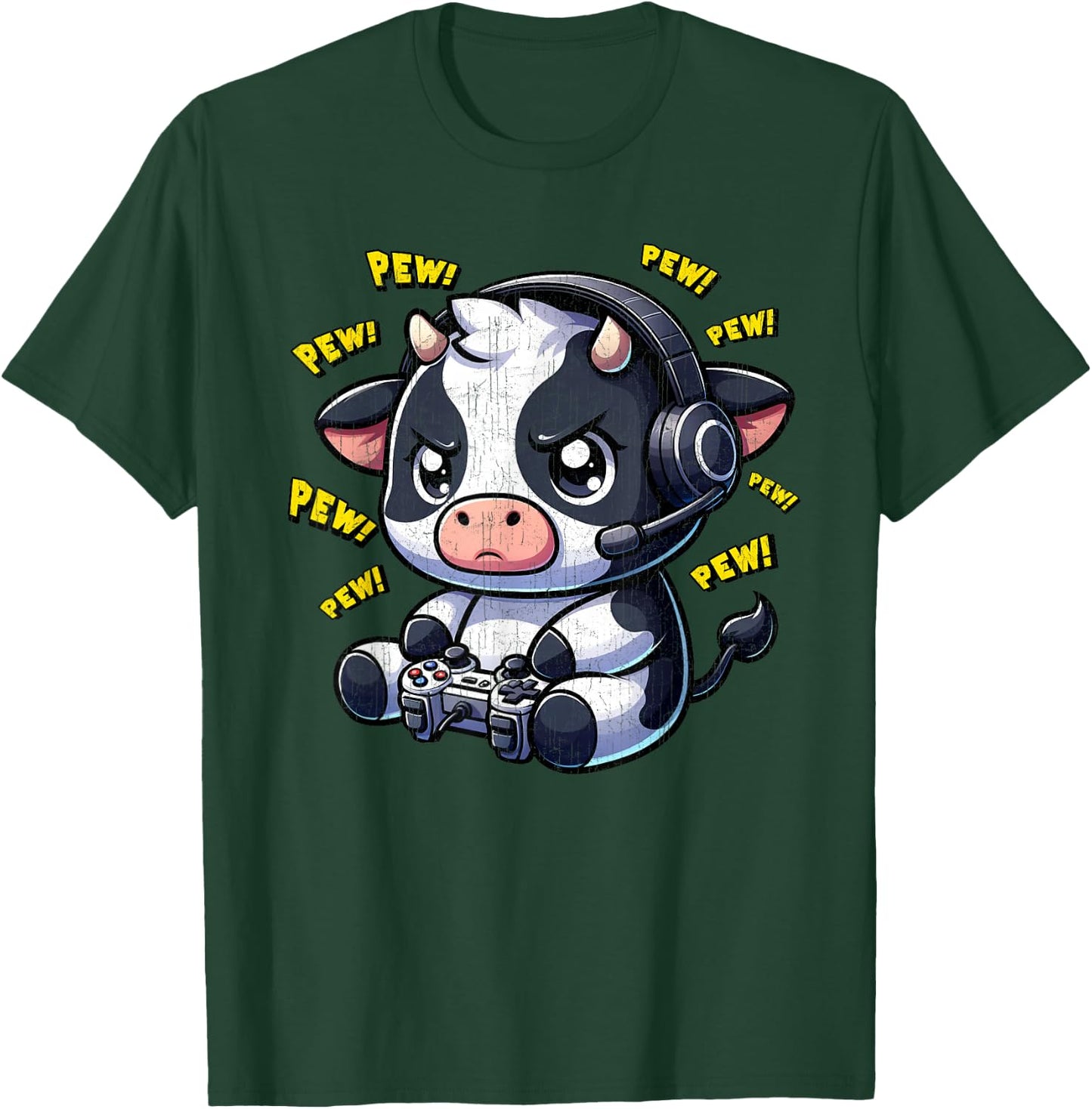 Cow Gamer Pew Funny Video Games Vintage Boys Men Girls T-Shirt - T-Shirt | Forest