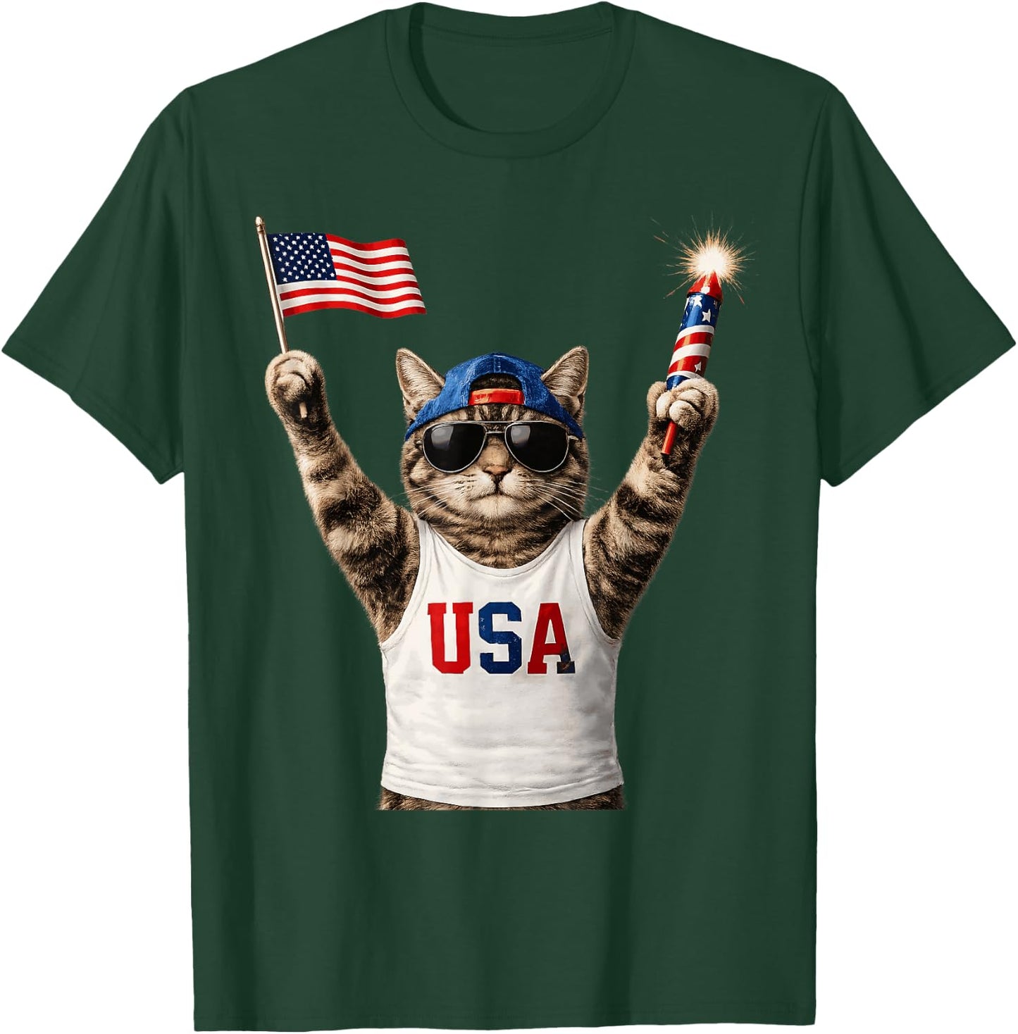 Funny Patriotic Cat USA Flag Fireworks America 250 T-Shirt - T-Shirt | Forest