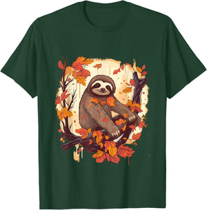 Sloth Fall Leaves Thanksgiving Day Animal Men Women Kids T-Shirt - T-Shirt | Forest
