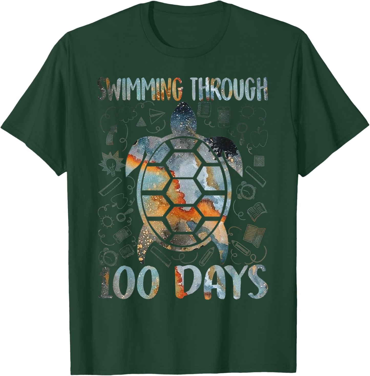 Turtle Sea Swimming Through 100 Days Of School Teacher Men Women Kids T-Shirt - T-Shirt | Forest