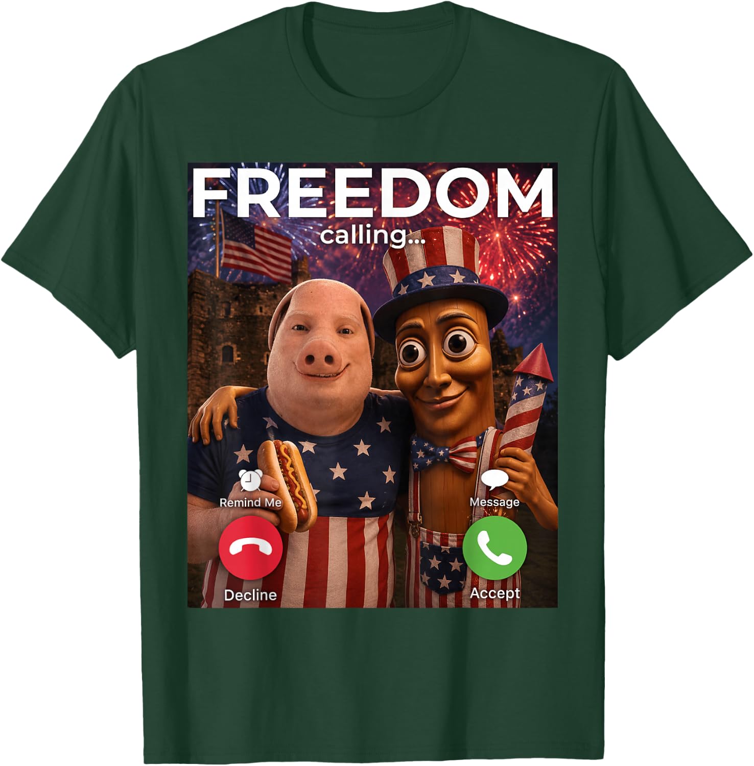 John Pork Tung Sahur Freedom Calling Meme Fireworks July 4th T-Shirt - T-Shirt | Forest