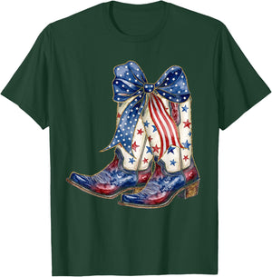 Retro Western Cowboy Boots Cowgirl American Flag 4th of July T-Shirt - T-Shirt | Forest