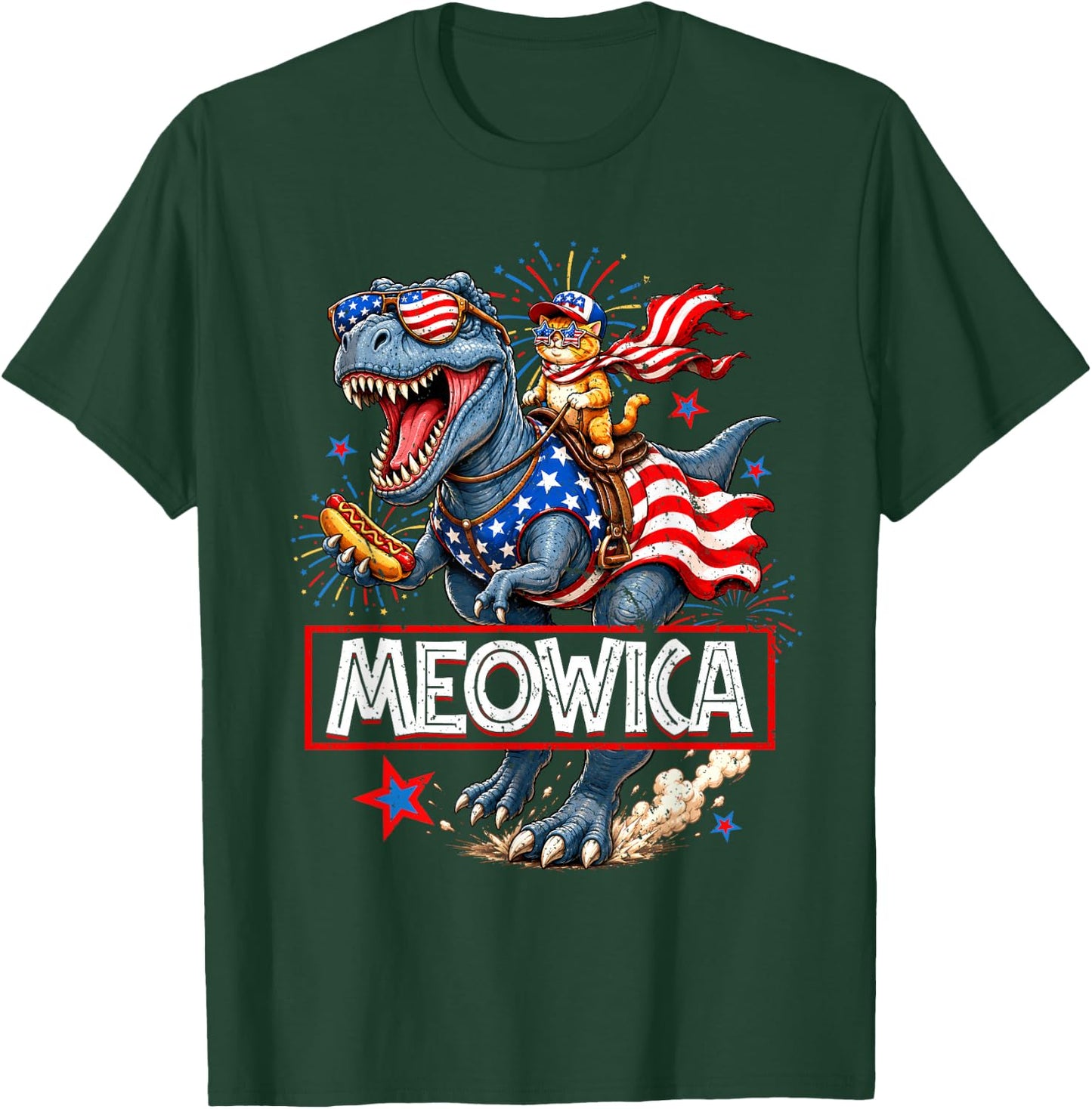 Meowica Cat Dinosaur TRex 4th of July Patriotic Toddler Boys T-Shirt - T-Shirt | Forest