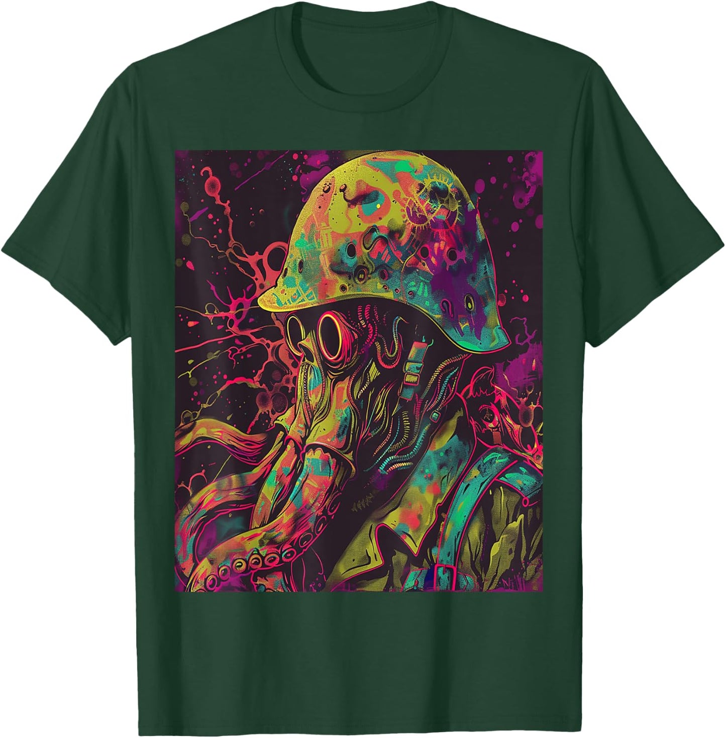 Cthulhu Psychedelic Soldier Wearing Helmet Colorful Art T-Shirt - T-Shirt | Forest