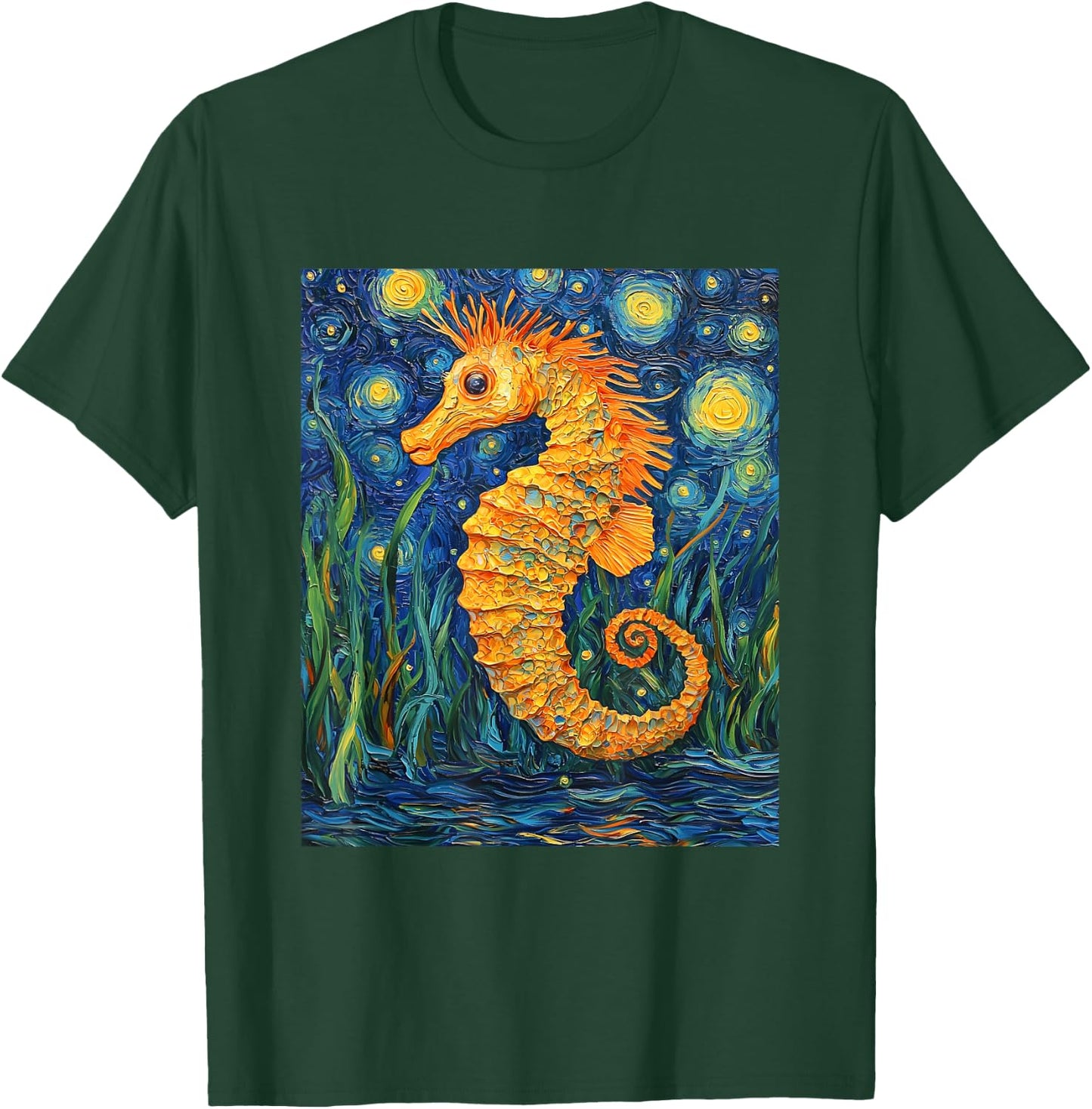 Cute Seahorse - Van Gogh Style - Starry Night Graphic T-Shirt - T-Shirt | Forest