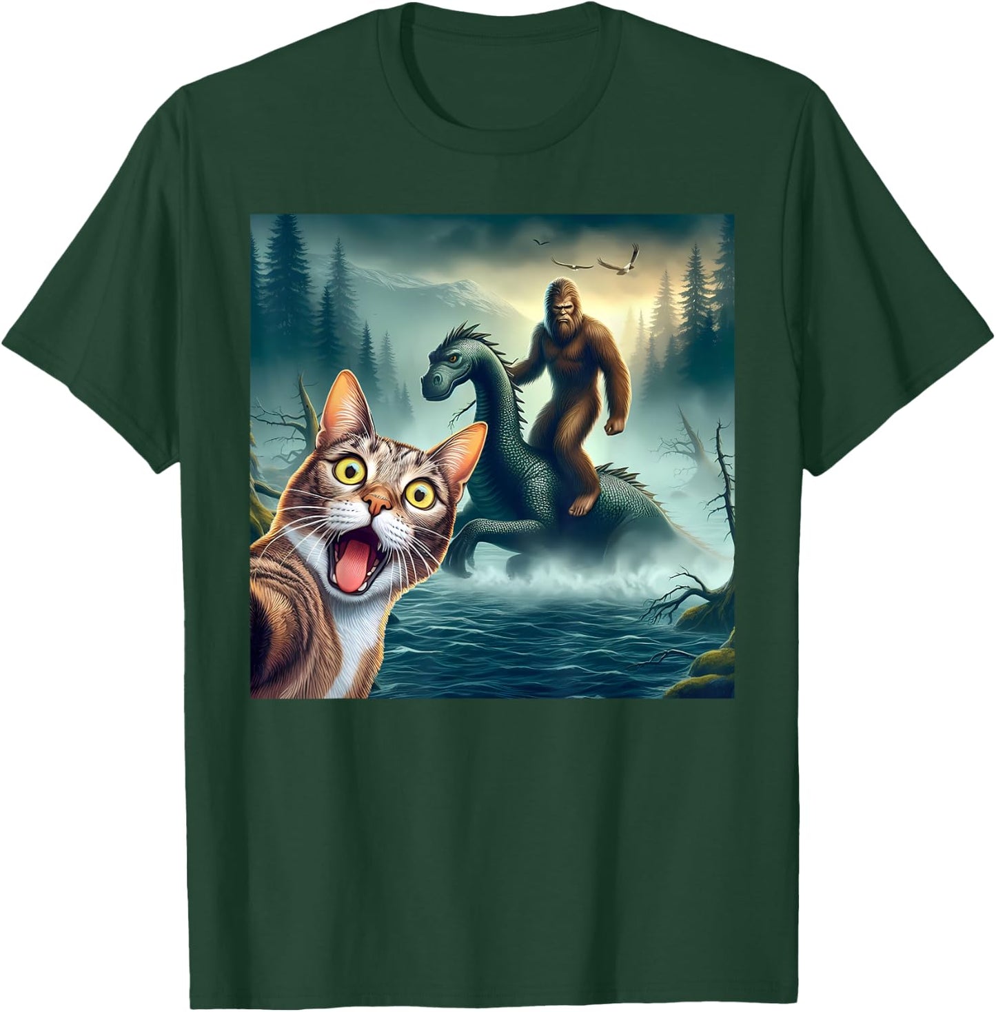 Cat Selfie bigfoot riding loch Ness monster surprised cat Women Kids T-Shirt - T-Shirt | Forest