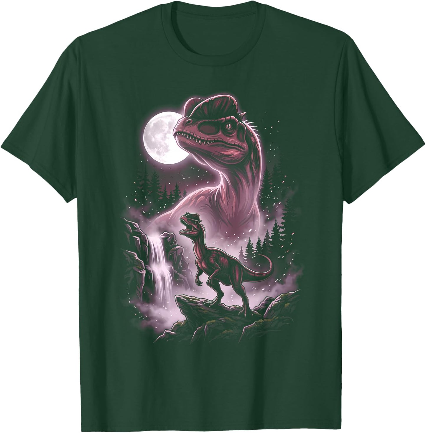 Dilophosaurus Silhouette Mystical Moon Dinosaur T-Shirt - T-Shirt | Forest