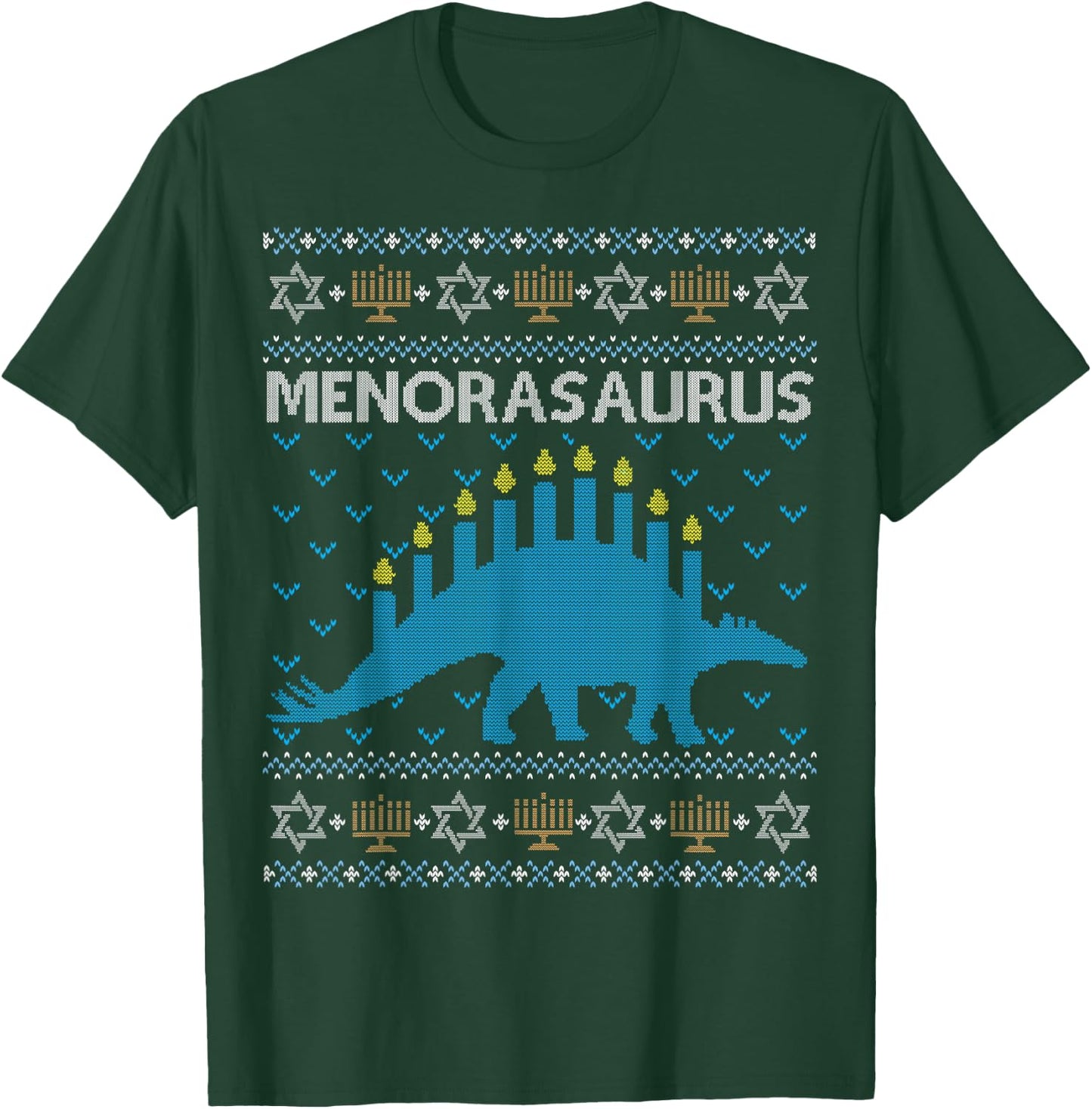Funny Ugly Hanukkah Sweater Shirt Dinosaur Menorasaurus Gift T-Shirt - T-Shirt | Forest