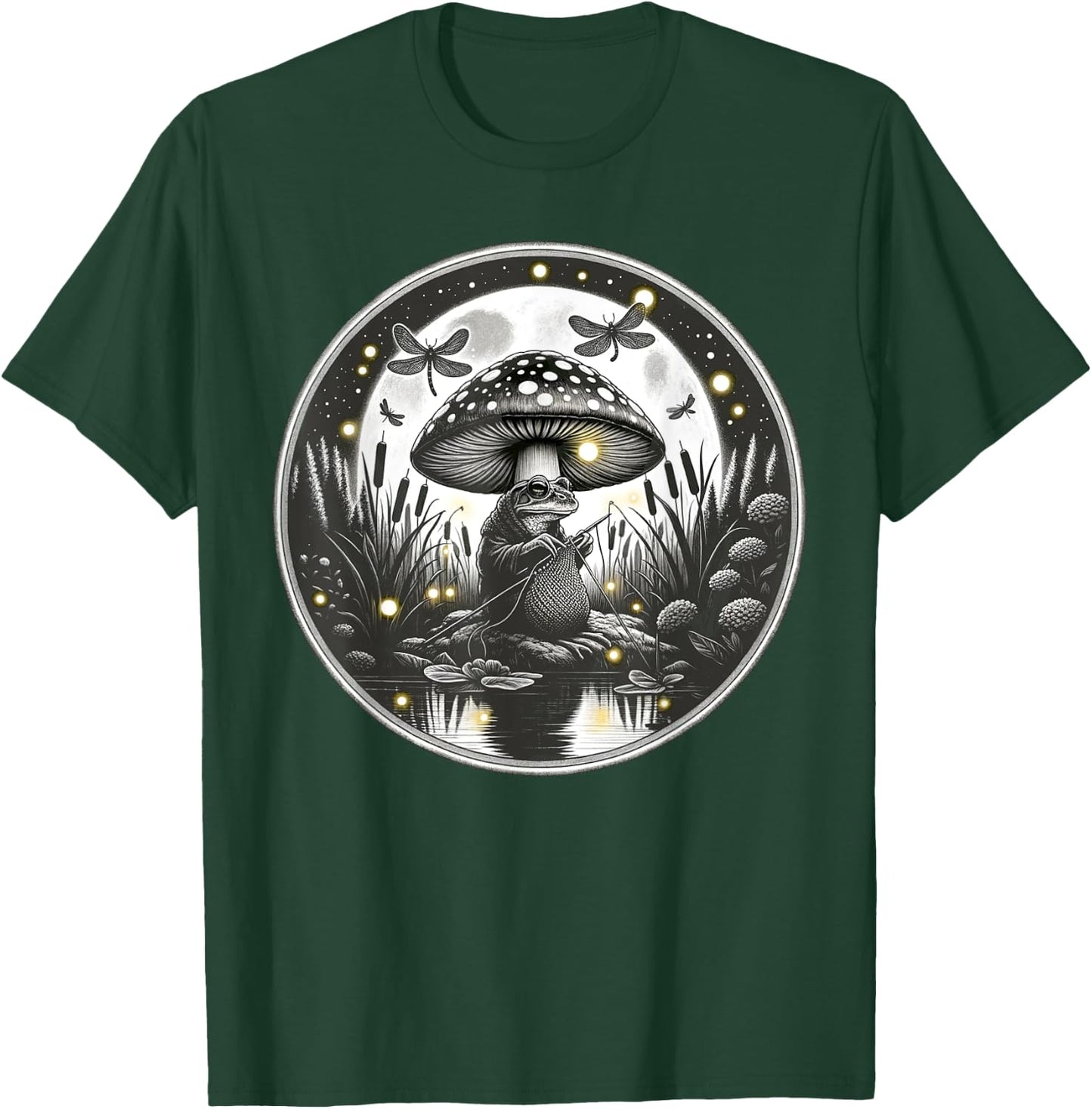 Frog Knitting Under Mushroom Cap Nature Crochet T-Shirt - T-Shirt | Forest
