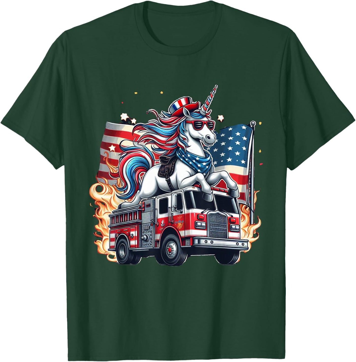 Unicorn Riding Fire Truck 4th of July Boys Girls Women Kids T-Shirt - T-Shirt | Forest