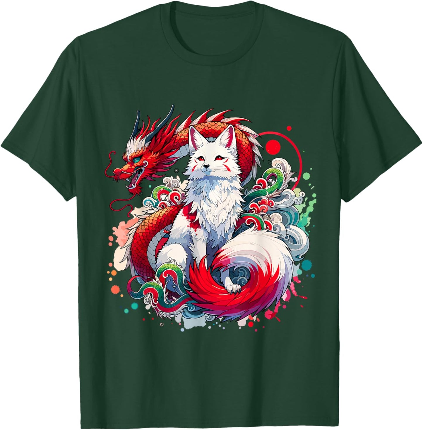 Dragon Kitsune Japanese Fox Nine-Tailed , Black, S T-Shirt - T-Shirt | Forest