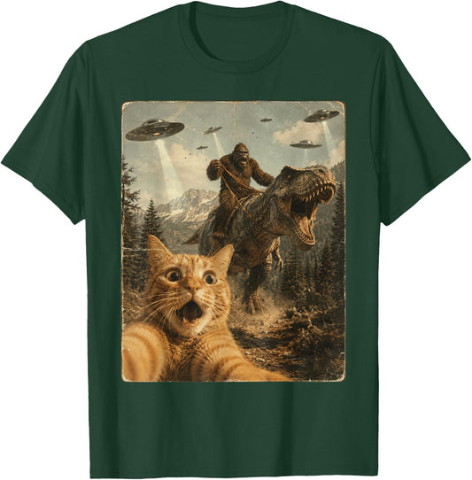 Funny Cat Selfie UFO Alien Chase Bigfoot Riding T-Rex Kid T-Shirt - T-Shirt | Forest