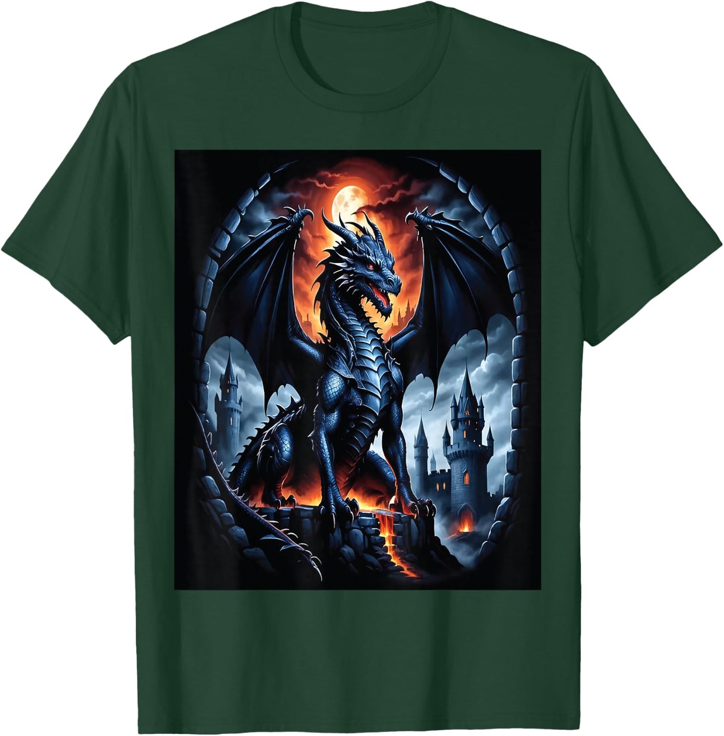 Drache Vollmond Schloss Feuer Fantasy Kunst T-Shirt - T-Shirt | Forest