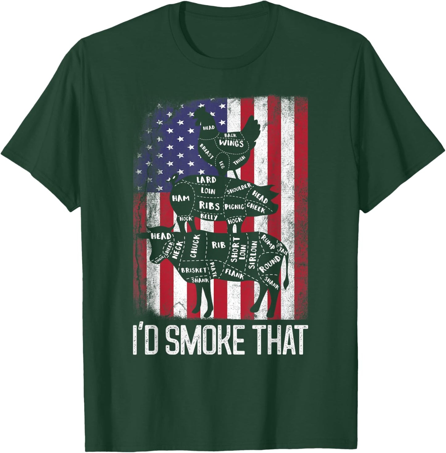 BBQ USA Flag I'd smoke that Beef Pork Chicken Butcher Funny Women Men T-Shirt - T-Shirt | Forest