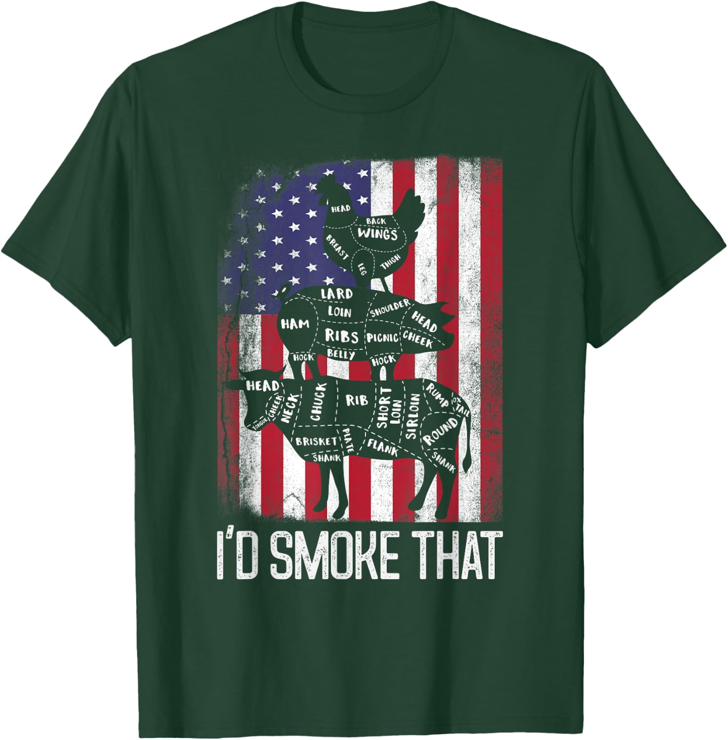 BBQ USA Flag I'd smoke that Beef Pork Chicken Butcher Funny Women Men T-Shirt - T-Shirt | Forest