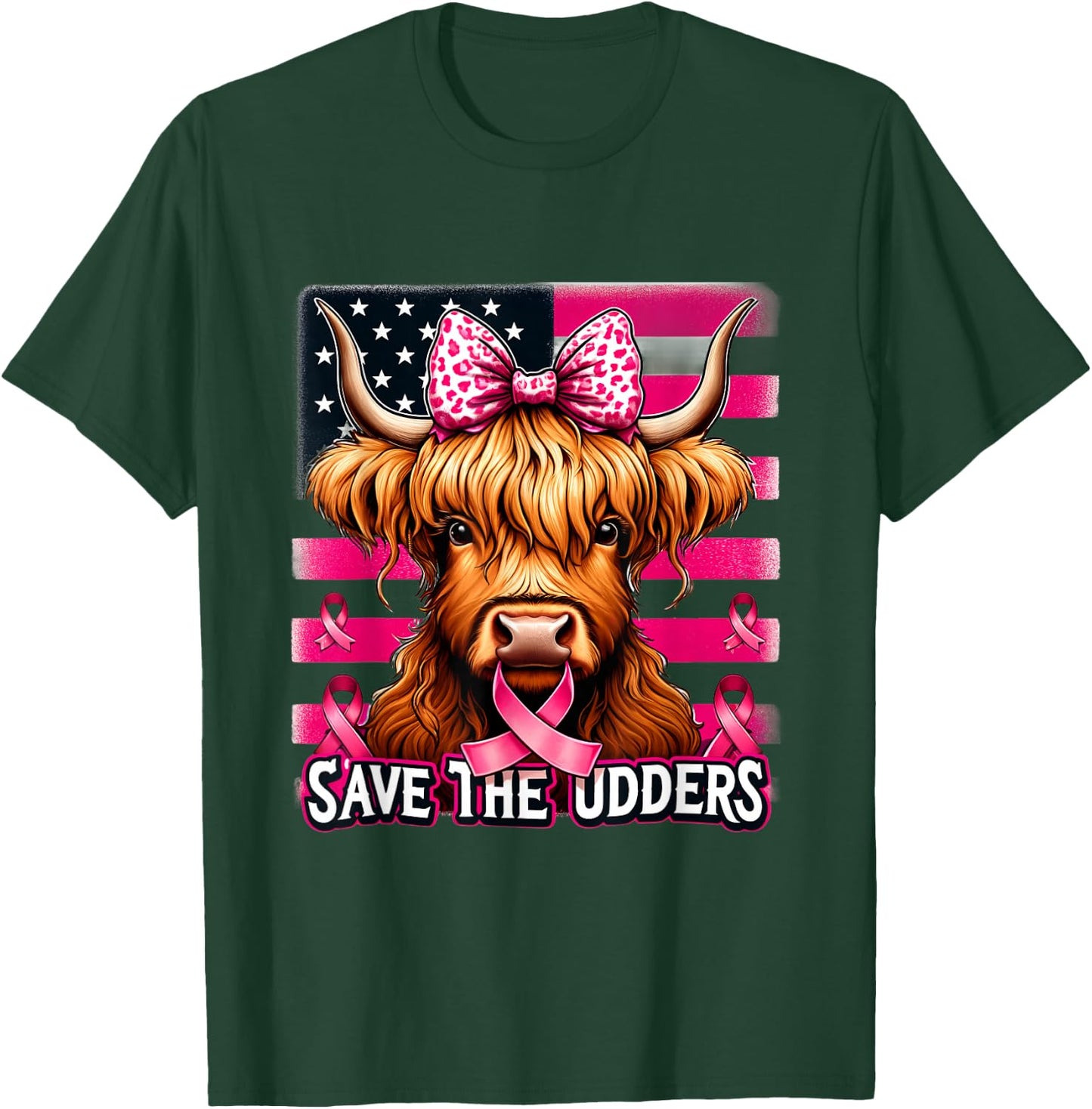 Retro Save The Udders Messy Hair Highland Cow Breast Cancer T-Shirt - T-Shirt | Forest