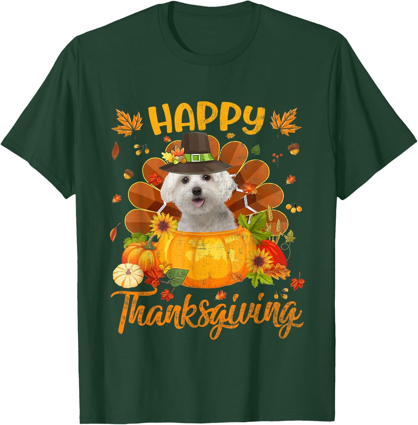 Happy Thanksgiving Maltese Dog Turkey Pumpkin T-Shirt - T-Shirt | Forest